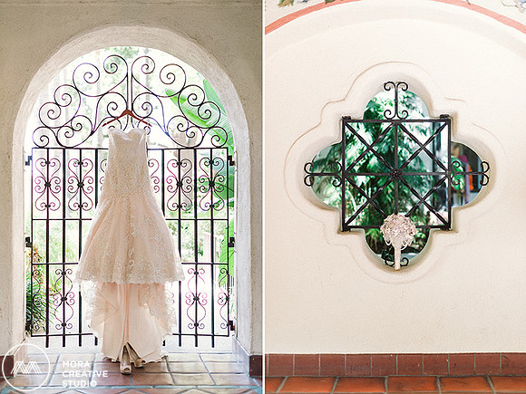 Details of our bride's gorgeous wedding dress and bouquet at the LA River Center and Garden in Los Angeles